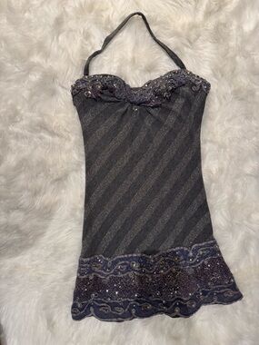 Embellished Halter Mini Dress in Charcoal Gray